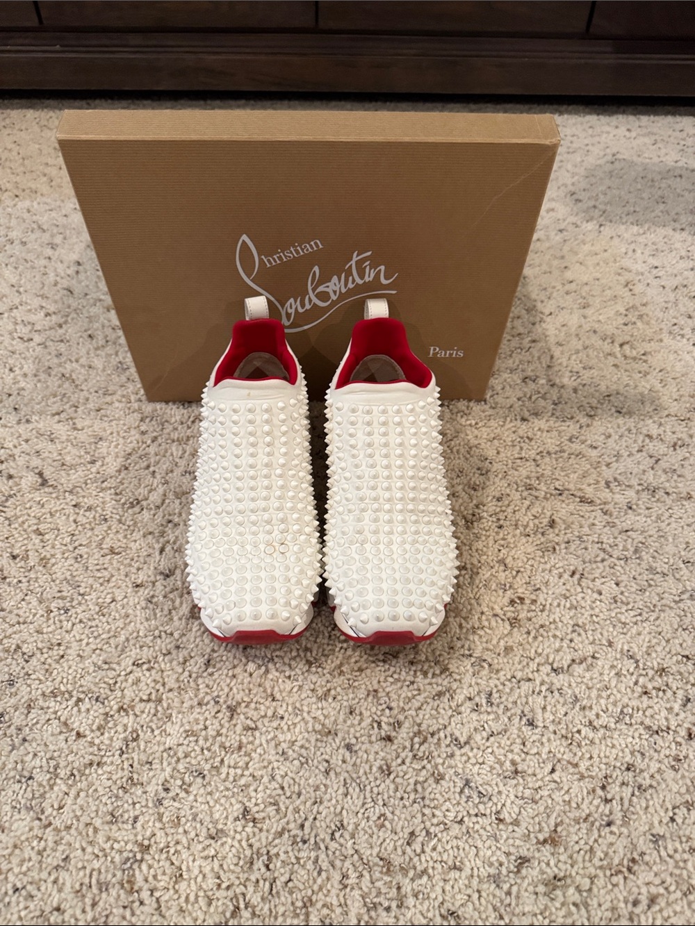 Christian Louboutin White Pearl-Stud Slip-On Sneakers with Red Accents - Picture 3 of 5